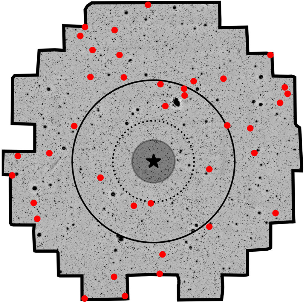 An image of a ring of fire in outer space with a black orb in the center, shown on a diagonal from the side.